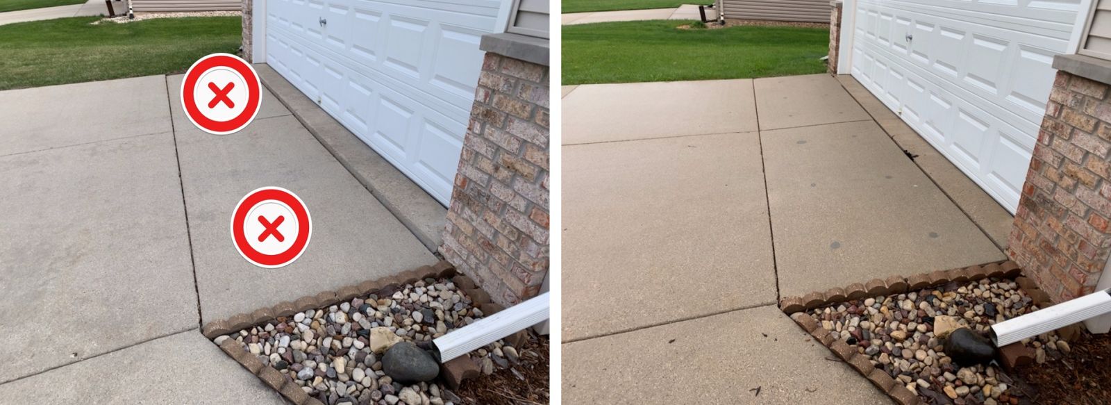 Before and after comparison of a driveway with uneven concrete slabs leveled by Fish Concrete Raising