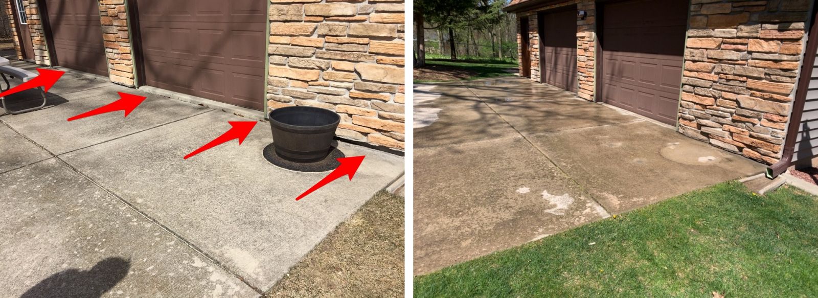 Before and after comparison of a garage driveway with uneven concrete slabs leveled by Fish Concrete Raising