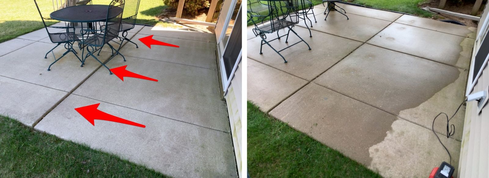 Before and after comparison of a concrete patio cleaned and restored by Fish Concrete Raising