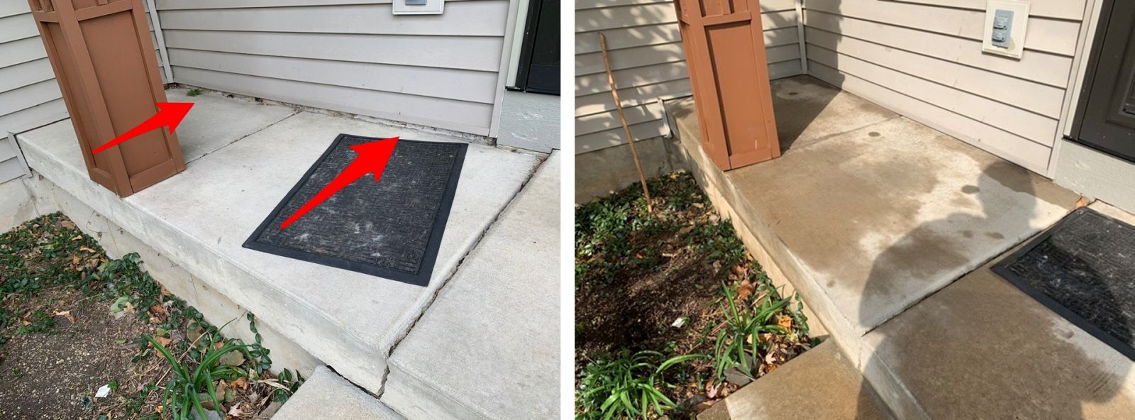 Before and after comparison of a concrete porch repaired and leveled by Fish Concrete Raising