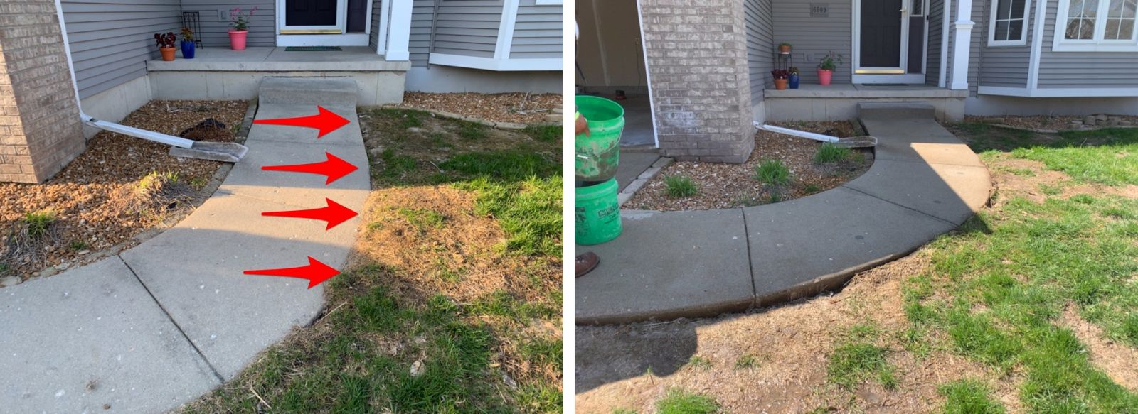 Before and after comparison of a front walkway redesigned and leveled by Fish Concrete Raising